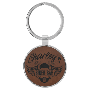 Dark Brown with Black Engraving Round Keychain - Leatherette & Metal - Laser Engraved Leatherette