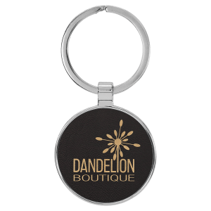 Black with Gold Engraving Round Keychain - Leatherette & Metal - Laser Engraved Leatherette