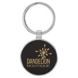 Black with Gold Engraving Round Keychain - Leatherette & Metal - Laser Engraved Leatherette