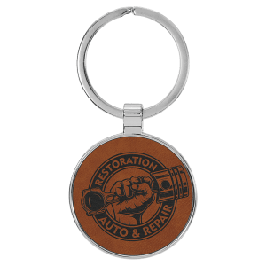 Rawhide with Black Engraving Round Keychain - Leatherette & Metal - Laser Engraved Leatherette