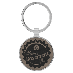 Gray with Black Engraving Round Keychain - Leatherette & Metal - Laser Engraved Leatherette
