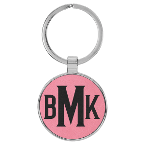 Pink with Black Engraving Round Keychain - Leatherette & Metal - Laser Engraved Leatherette