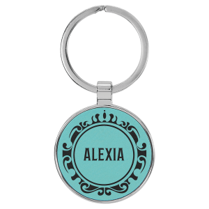 Teal with Black Engraving Round Keychain - Leatherette & Metal - Laser Engraved Leatherette
