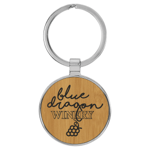 Bamboo with Black Engraving Round Keychain - Leatherette & Metal - Laser Engraved Leatherette