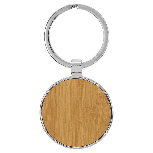 Bamboo with Black Engraving Round Keychain - Leatherette & Metal - Laser Engraved Leatherette