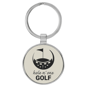 White with Black Engraving Round Keychain - Leatherette & Metal - Laser Engraved Leatherette