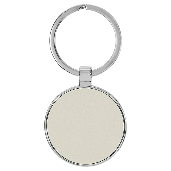 White with Black Engraving Round Keychain - Leatherette & Metal - Laser Engraved Leatherette