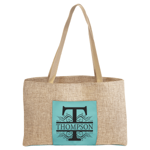 Burlap Teal with Black Engraving Tote Bag - Laser Engraved Leatherette