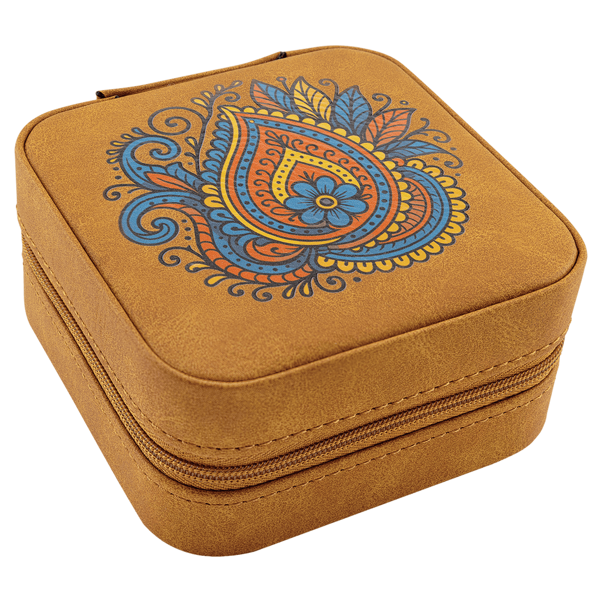 A Light Brown Travel Jewelry Box - Laserable Leatherette Creekside Collection 4" x 4"