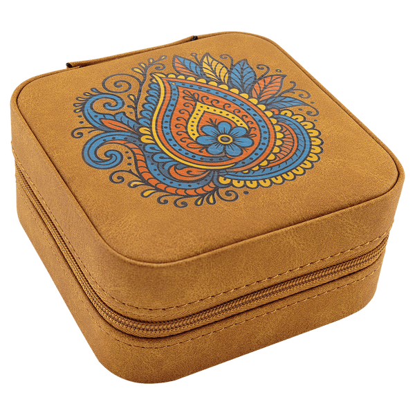 A Light Brown Travel Jewelry Box - Laserable Leatherette Creekside Collection 4" x 4"