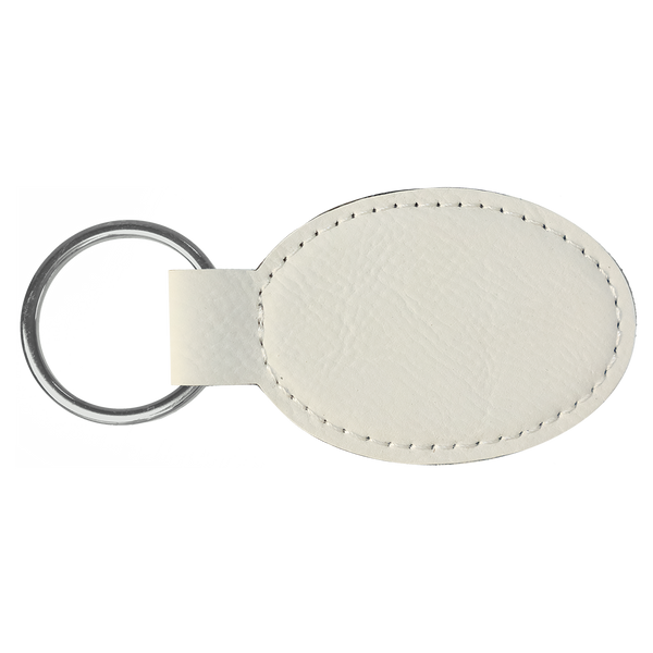 White with Black Engraving Oval Keychain - Laser Engraved Leatherette