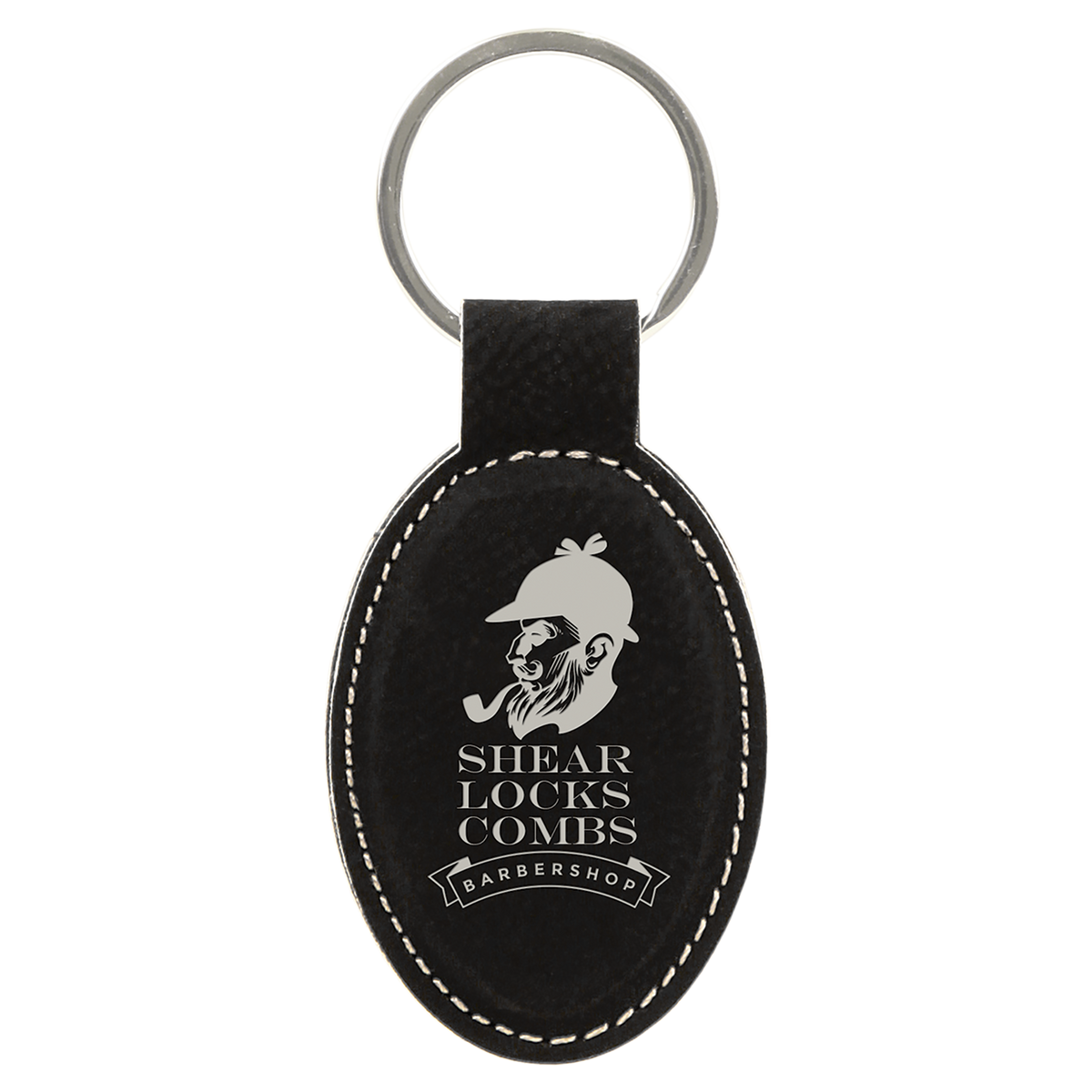 Black leather keychain with white text and logo on a white background