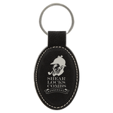 Black leather keychain with white text and logo on a white background
