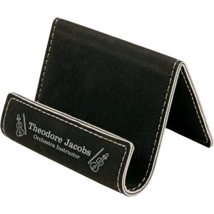 Black with Silver Engraving Business Card Holding Easel - Laser Engraved Leatherette