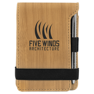 Bamboo with Black Engraving Mini Notepad with Pen - Laser Engraved Leatherette