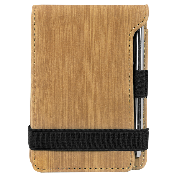 Bamboo with Black Engraving Mini Notepad with Pen - Laser Engraved Leatherette