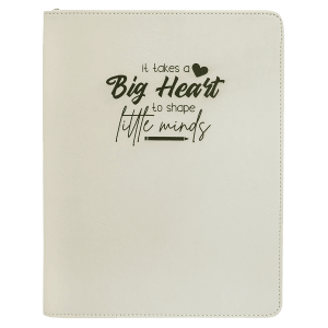 White with Black Engraving Leatherette Zipper Portfolio with Notepad - Laser Engraved Leatherette