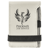 White with Black Engraving Mini Notepad with Pen - Laser Engraved Leatherette