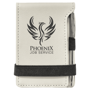 White with Black Engraving Mini Notepad with Pen - Laser Engraved Leatherette