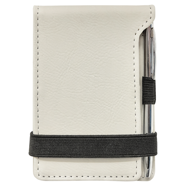 White with Black Engraving Mini Notepad with Pen - Laser Engraved Leatherette
