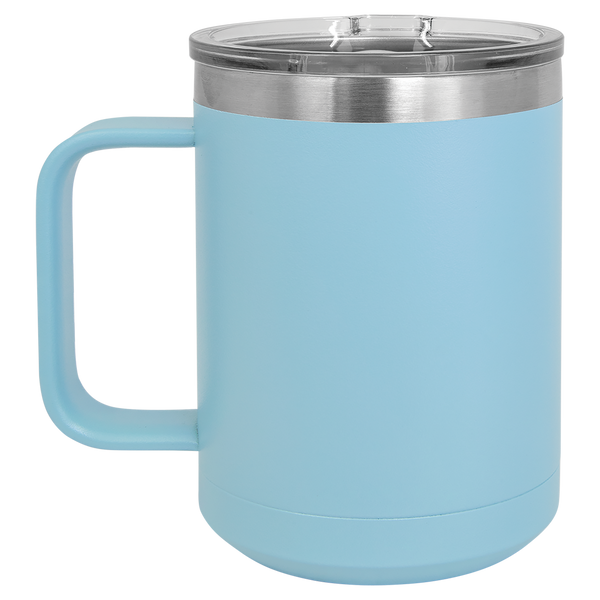 Light Blue with Silver Engraving 15 Oz Coffee Mug - Laser Engraved Drinkware