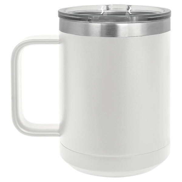 White with Silver Engraving 15 Oz Coffee Mug - Laser Engraved Drinkware