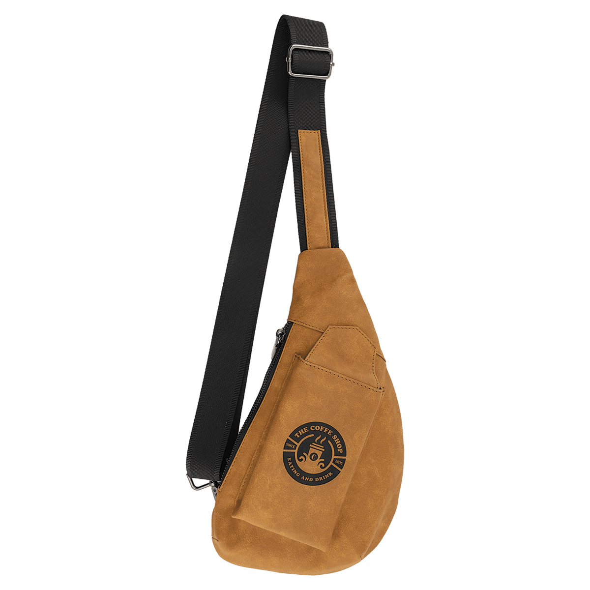 Light Brown Crescent Crossbody Bag — vegan leather with snap-closure phone slot, zippered back pocket, and adjustable strap, shown from the front.