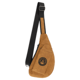 Light Brown Crescent Crossbody Bag — vegan leather with snap-closure phone slot, zippered back pocket, and adjustable strap, shown from the front.