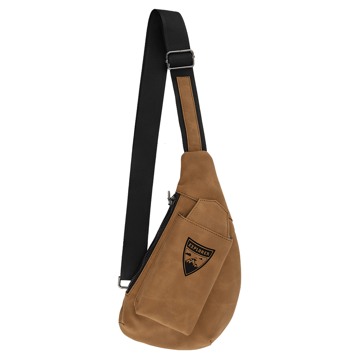 Medium Brown Crescent Crossbody Bag — vegan leather with snap-closure phone slot, zippered back pocket, and adjustable strap, shown from the front.