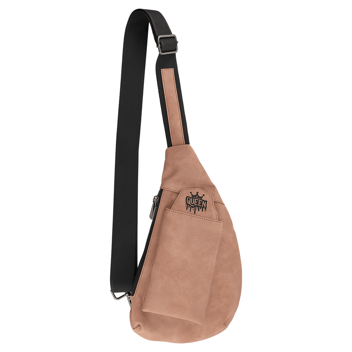 Blush Crescent Crossbody Bag — vegan leather with snap-closure phone slot, zippered back pocket, and adjustable strap, shown from the front.