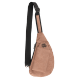Blush Crescent Crossbody Bag — vegan leather with snap-closure phone slot, zippered back pocket, and adjustable strap, shown from the front.