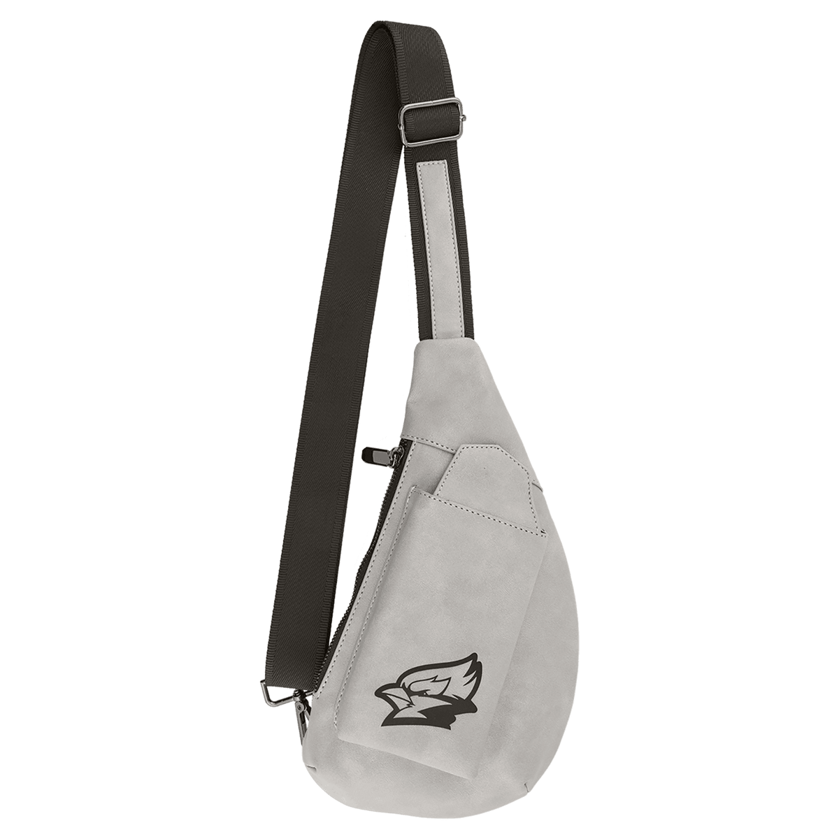 Light Gray Crescent Crossbody Bag — vegan leather with snap-closure phone slot, zippered back pocket, and adjustable strap, shown from the front.