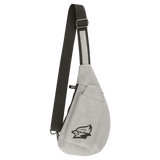 Light Gray Crescent Crossbody Bag — vegan leather with snap-closure phone slot, zippered back pocket, and adjustable strap, shown from the front.