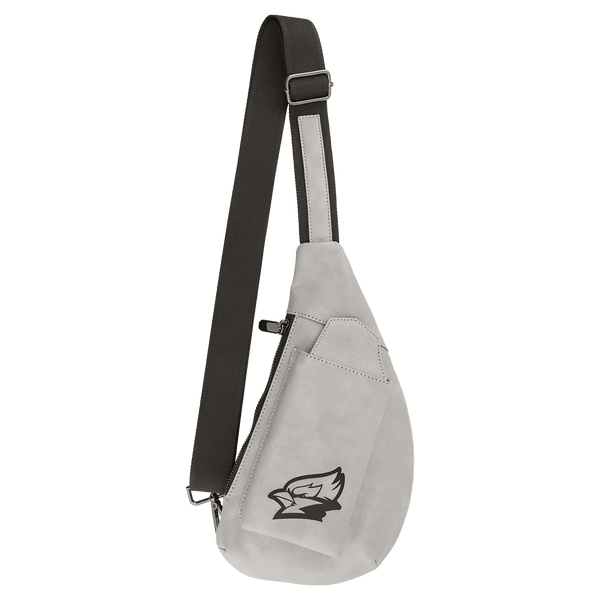 Light Gray Crescent Crossbody Bag — vegan leather with snap-closure phone slot, zippered back pocket, and adjustable strap, shown from the front.