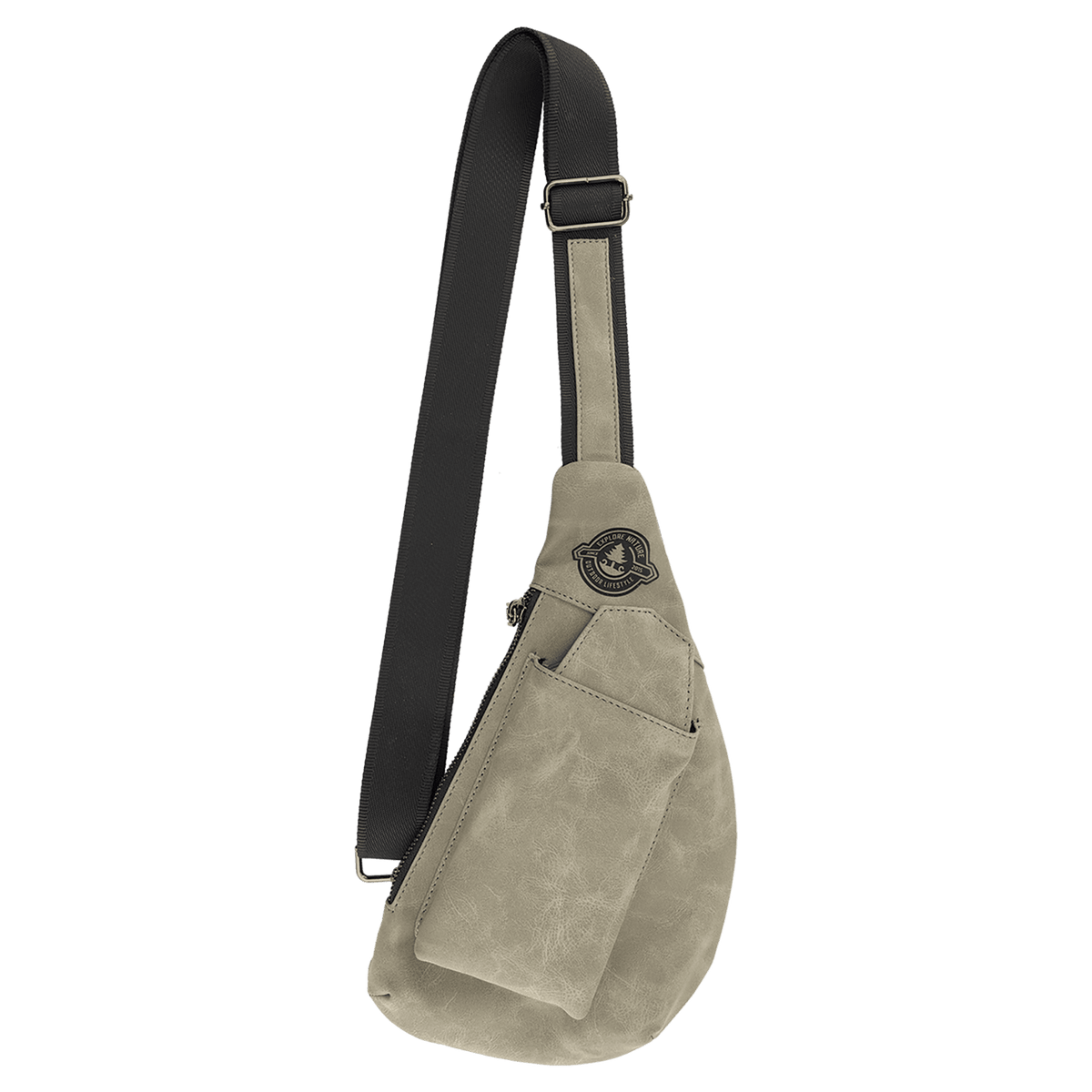 Light Green Crescent Crossbody Bag — vegan leather with snap-closure phone slot, zippered back pocket, and adjustable strap, shown from the front.
