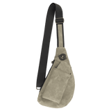 Light Green Crescent Crossbody Bag — vegan leather with snap-closure phone slot, zippered back pocket, and adjustable strap, shown from the front.