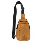 Light Brown Explorer Crossbody Bag — vegan leather with three zippered pockets and an adjustable crossbody strap, shown from the front.