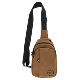 Medium Brown Explorer Crossbody Bag — vegan leather with three zippered pockets and an adjustable crossbody strap, shown from the front.