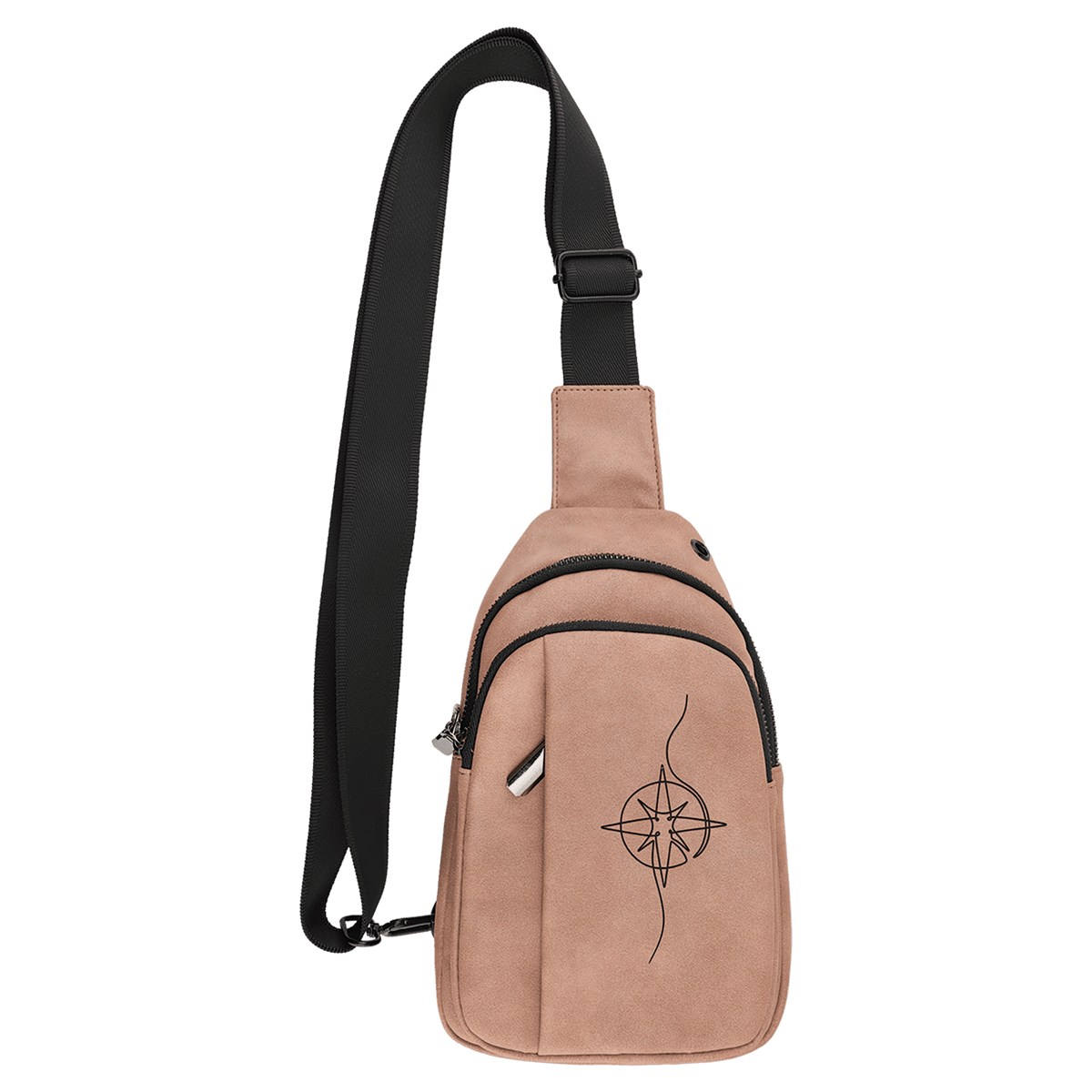 Blush Explorer Crossbody Bag — vegan leather with three zippered pockets and an adjustable crossbody strap, shown from the front.