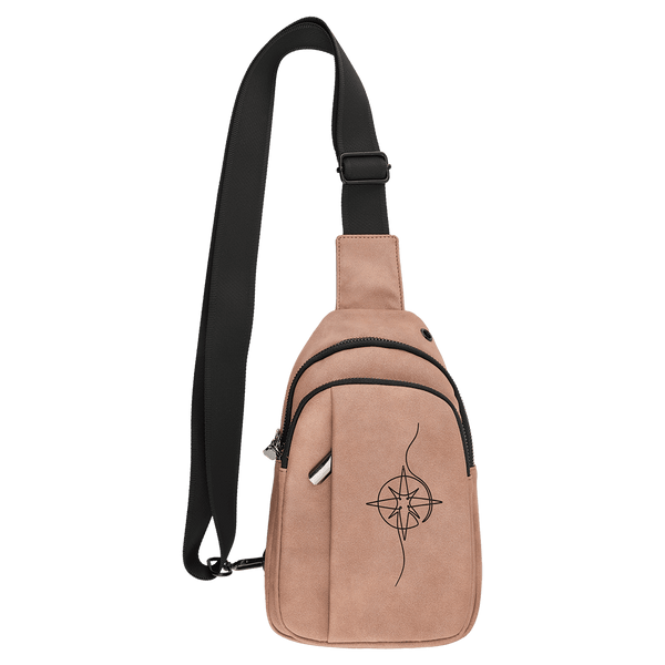 Blush Explorer Crossbody Bag — vegan leather with three zippered pockets and an adjustable crossbody strap, shown from the front.