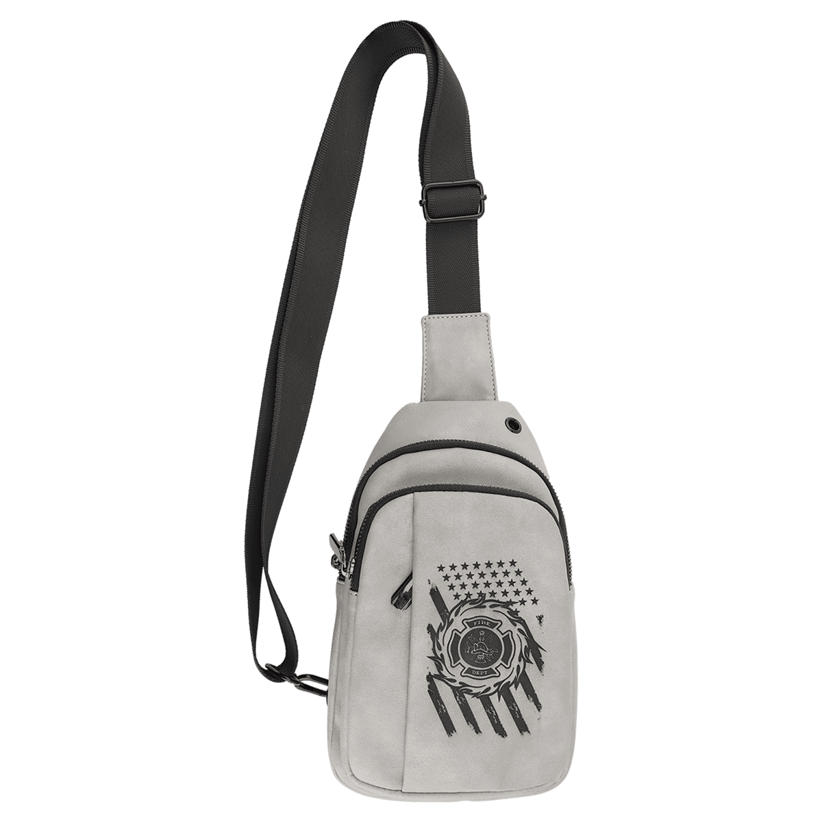 Light Gray Explorer Crossbody Bag — vegan leather with three zippered pockets and an adjustable crossbody strap, shown from the front.