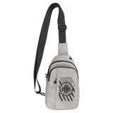 Light Gray Explorer Crossbody Bag — vegan leather with three zippered pockets and an adjustable crossbody strap, shown from the front.
