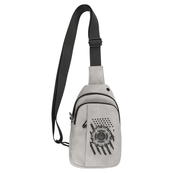 Light Gray Explorer Crossbody Bag — vegan leather with three zippered pockets and an adjustable crossbody strap, shown from the front.