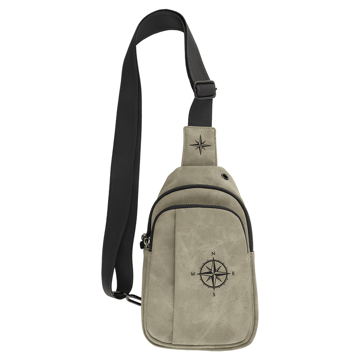 Light Green Explorer Crossbody Bag — vegan leather with three zippered pockets and an adjustable crossbody strap, shown from the front.