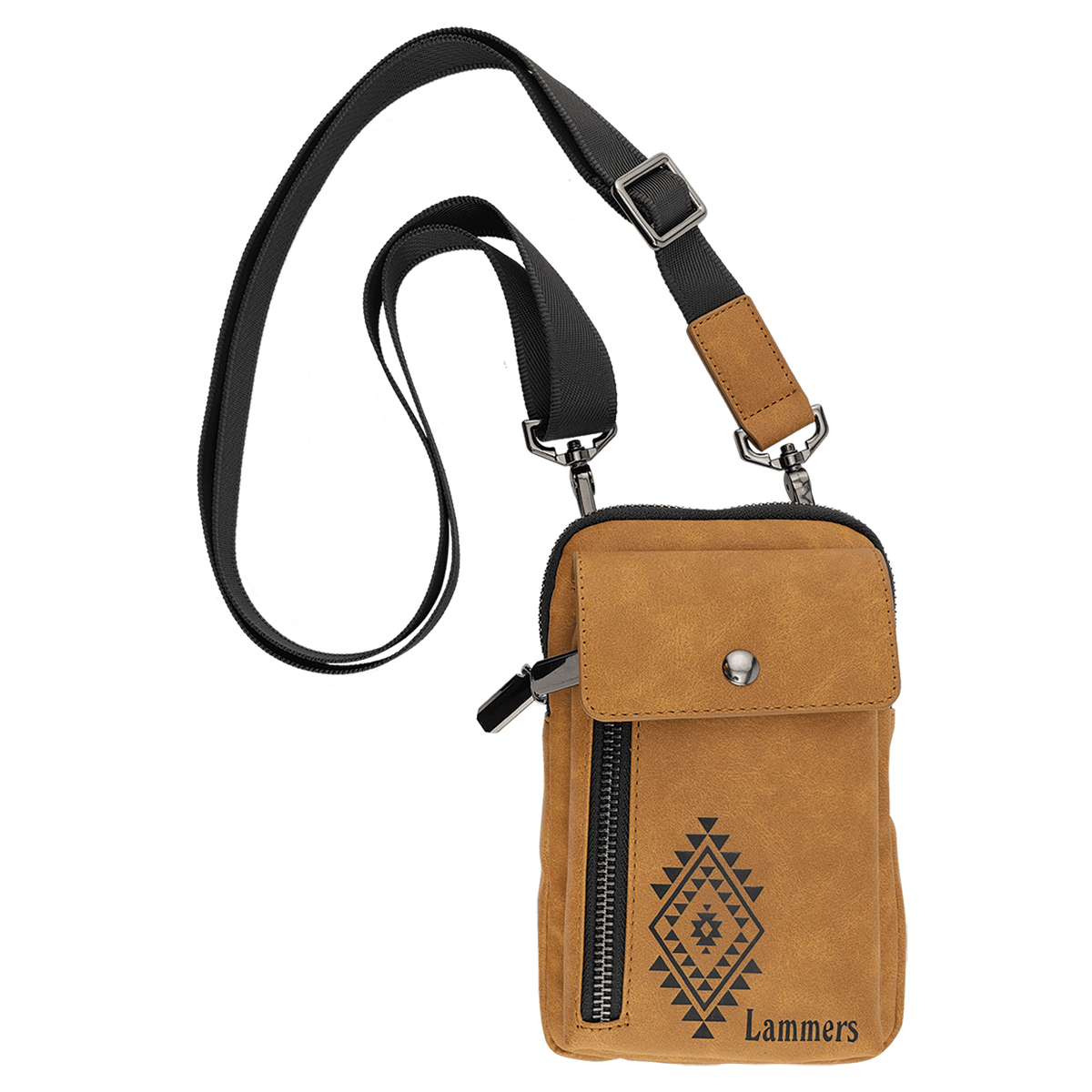 Light Brown Urban Crossbody Bag — vegan leather with magnetic phone pocket, zippered section, and belt loop, shown from the front.