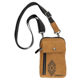 Light Brown Urban Crossbody Bag — vegan leather with magnetic phone pocket, zippered section, and belt loop, shown from the front.