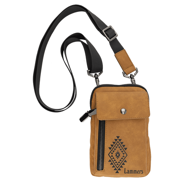 Light Brown Urban Crossbody Bag — vegan leather with magnetic phone pocket, zippered section, and belt loop, shown from the front.