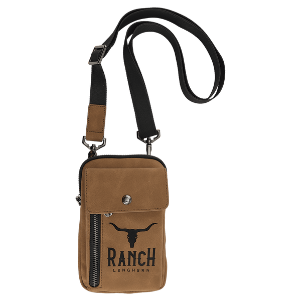 Medium Brown Urban Crossbody Bag — vegan leather with magnetic phone pocket, zippered section, and belt loop, shown from the front.