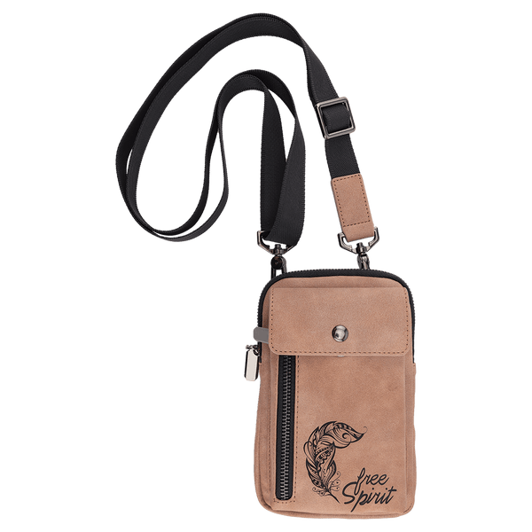 Blush Urban Crossbody Bag — vegan leather with magnetic phone pocket, zippered section, and belt loop, shown from the front.