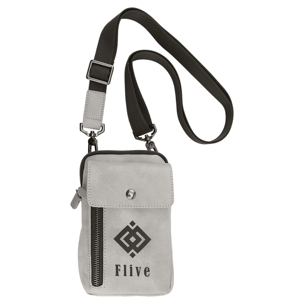 Light Gray Urban Crossbody Bag — vegan leather with magnetic phone pocket, zippered section, and belt loop, shown from the front.